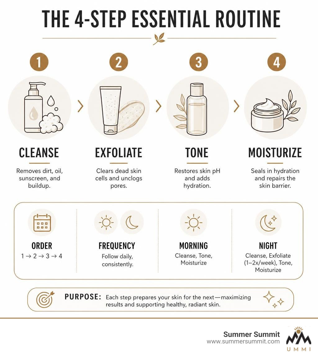 4-step cleanse exfoliate tone moisturize routine infographic with order frequency and purpose infographic 4-step cleanse exfoliate tone moisturize routine infographic with order frequency and purpose infographic