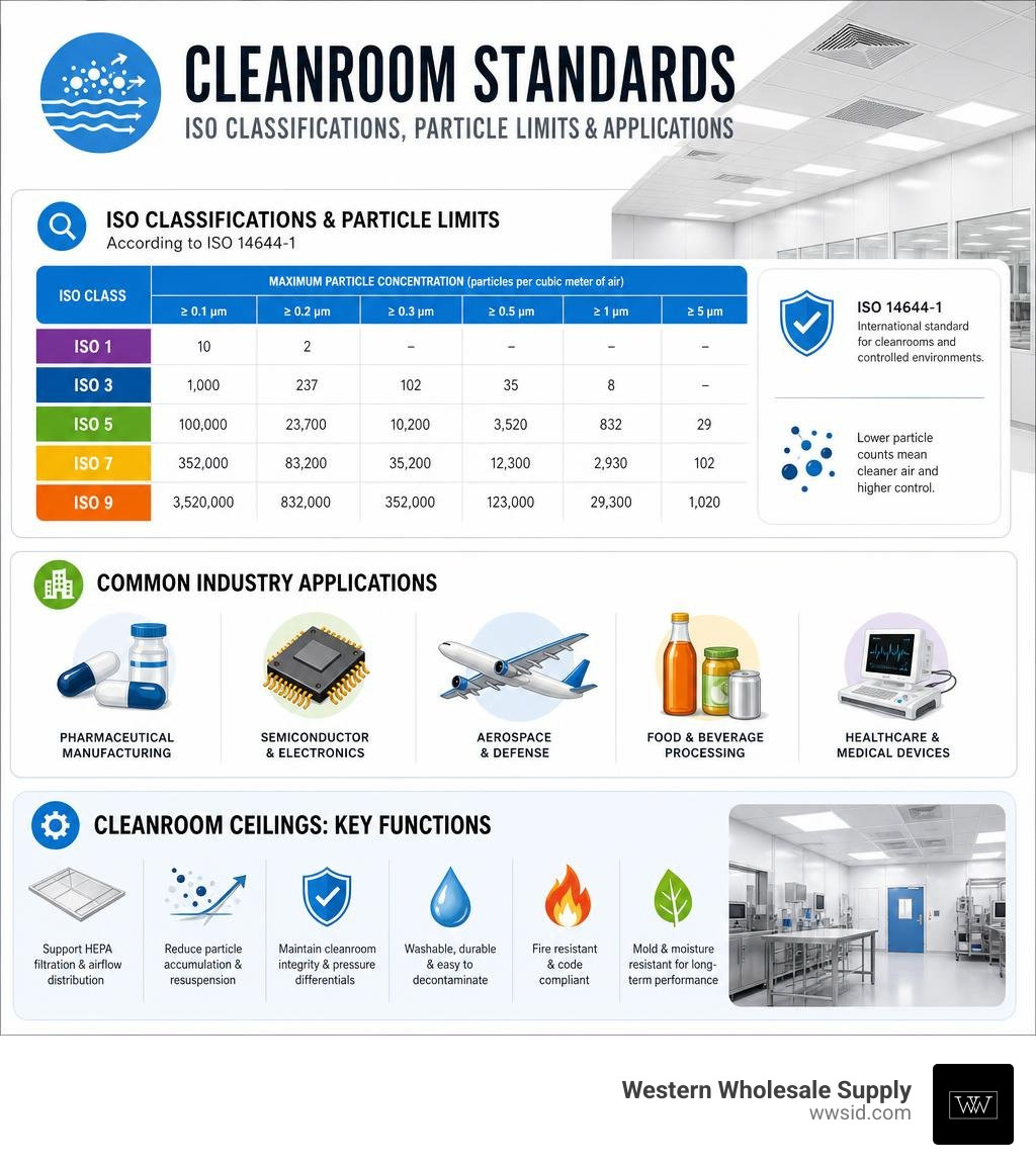 Infographic showing cleanroom ISO classifications, particle limits, and common industry applications infographic Infographic showing cleanroom ISO classifications, particle limits, and common industry applications infographic