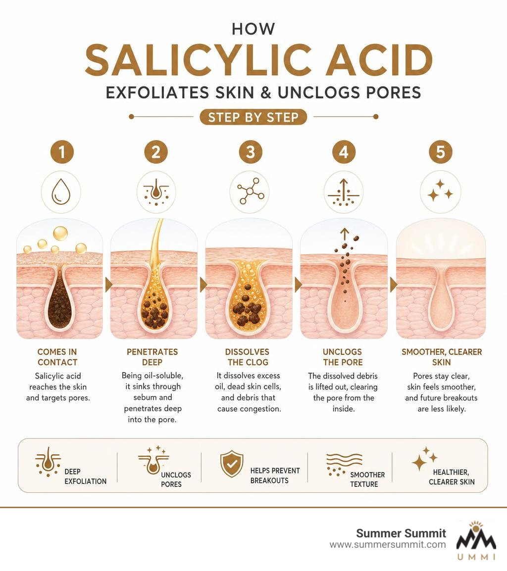 How salicylic acid exfoliates skin and unclogs pores step by step infographic How salicylic acid exfoliates skin and unclogs pores step by step infographic