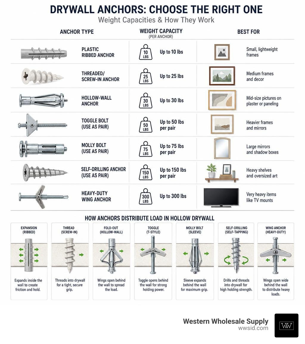 Infographic showing anchor types, weight capacities, and how anchors distribute load in hollow drywall walls infographic Infographic showing anchor types, weight capacities, and how anchors distribute load in hollow drywall walls infographic