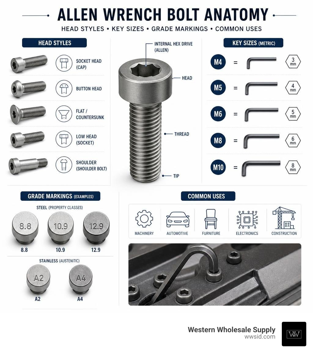 Infographic showing anatomy of an Allen wrench bolt: head styles, key sizes, grade markings, and common uses infographic Infographic showing anatomy of an Allen wrench bolt: head styles, key sizes, grade markings, and common uses infographic