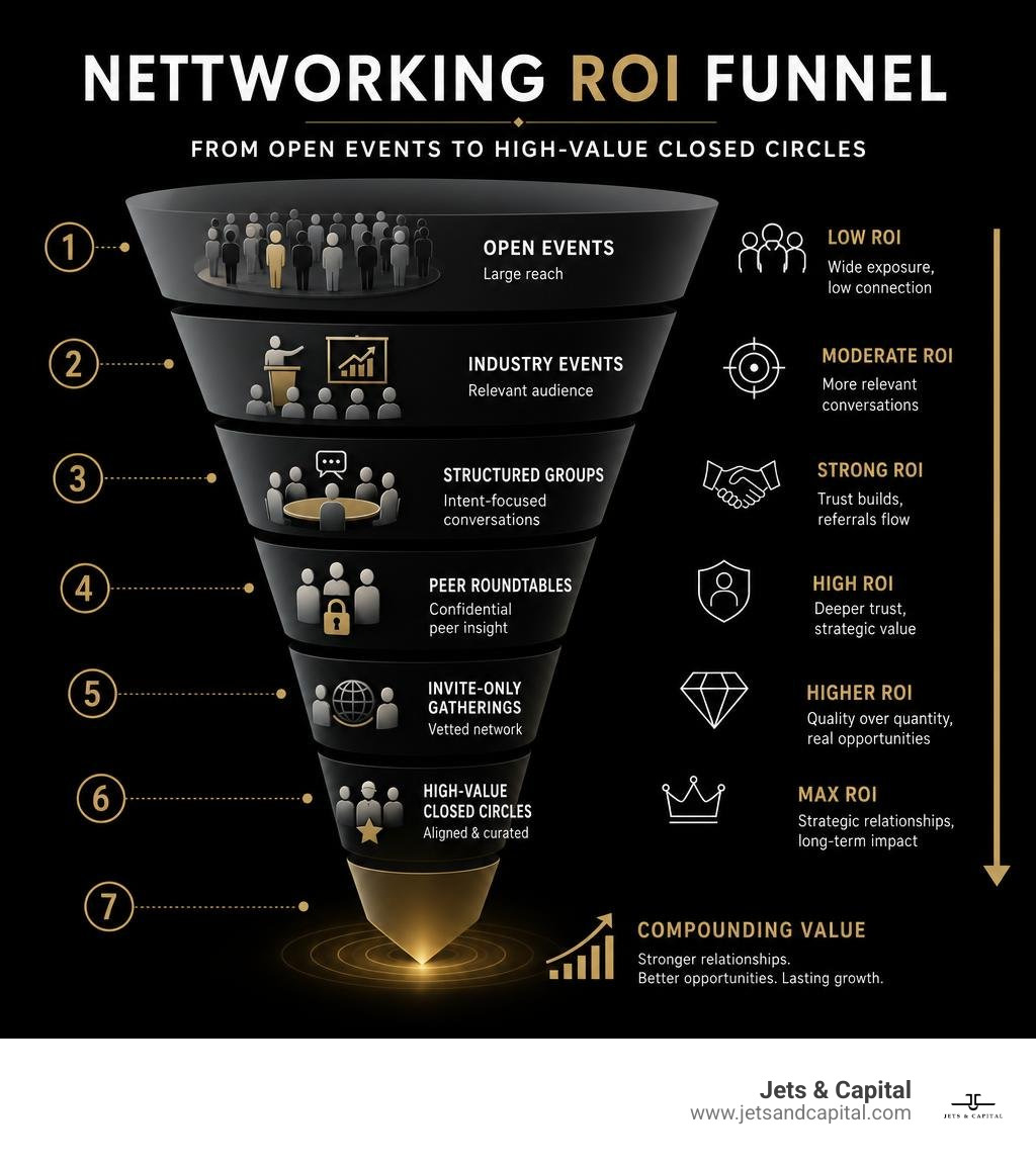 Networking ROI funnel from open events to high-value closed circles infographic