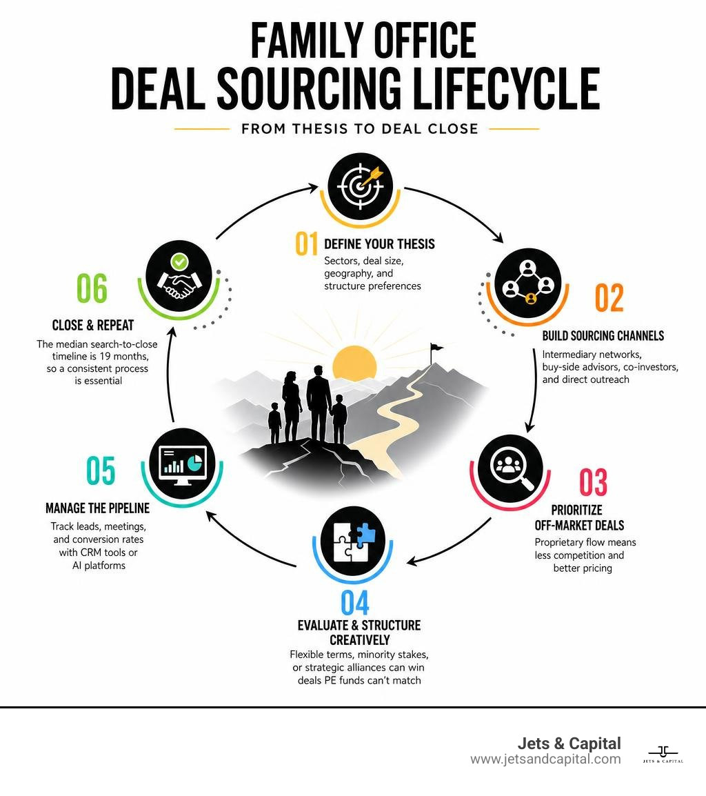 family office deal sourcing lifecycle infographic: thesis definition to deal close infographic