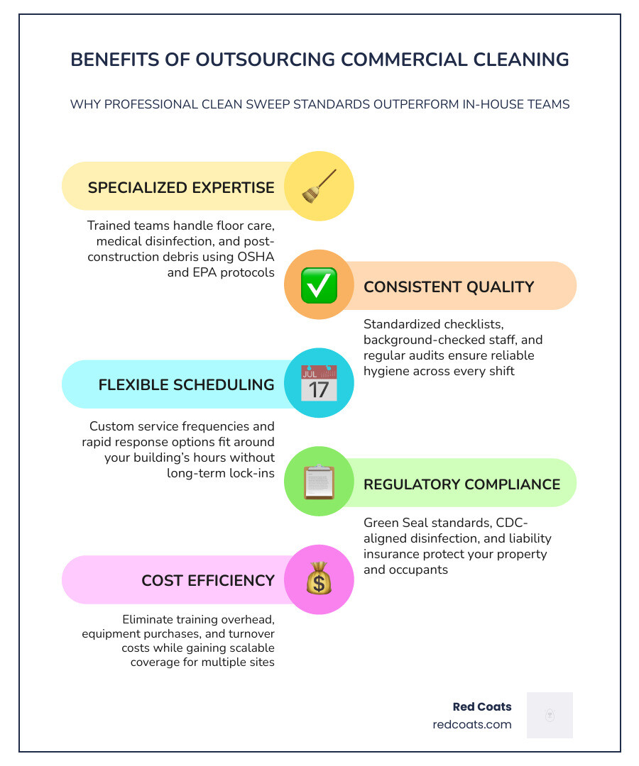 Benefits of outsourcing commercial cleaning vs. in-house facility maintenance infographic infographic
