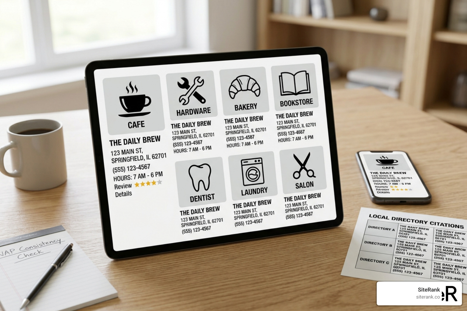 Image of various local business directory icons and citation listings showing NAP consistency Image of various local business directory icons and citation listings showing NAP consistency