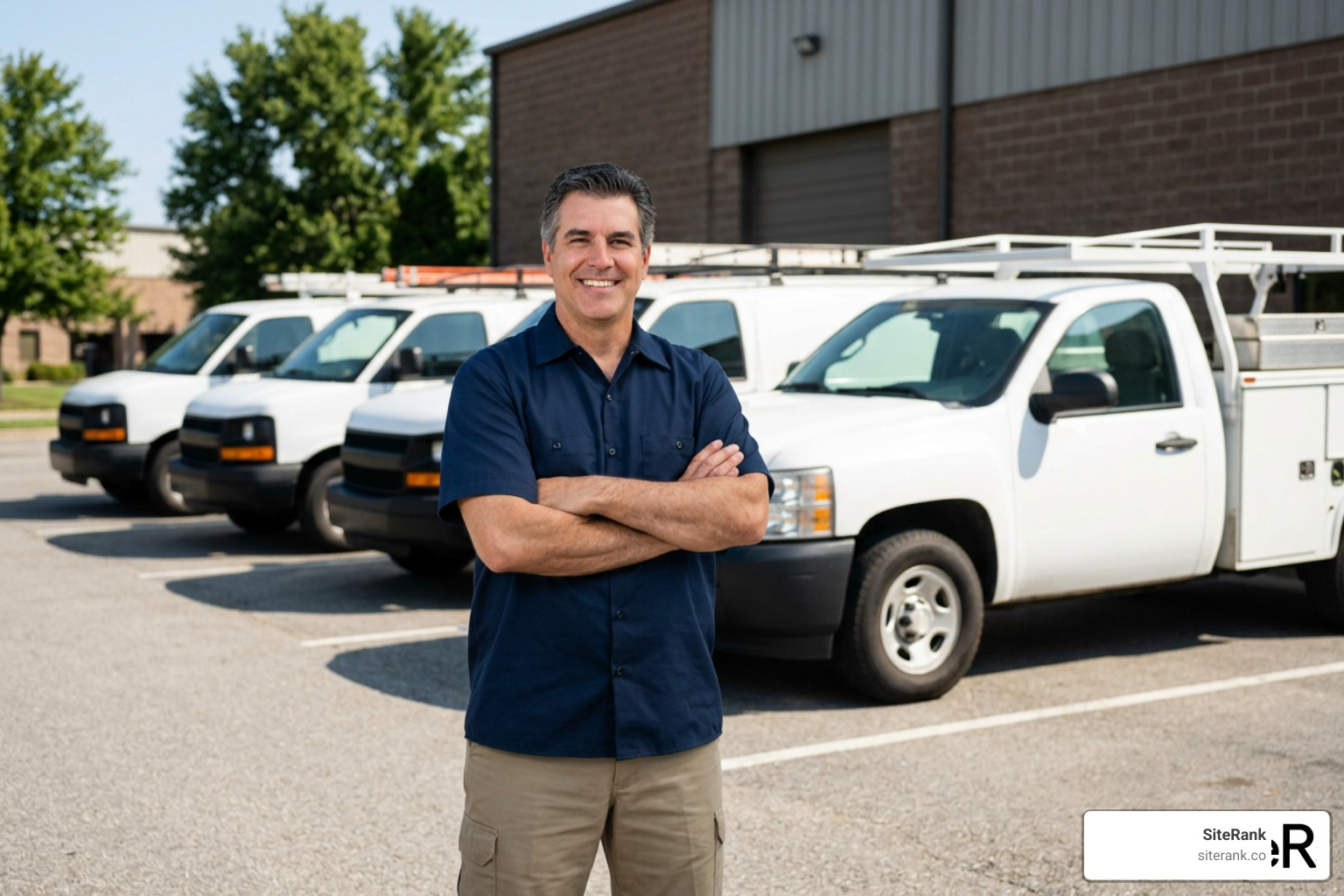 successful pest control business owner standing proudly in front of a fleet of branded service trucks successful pest control business owner standing proudly in front of a fleet of branded service trucks