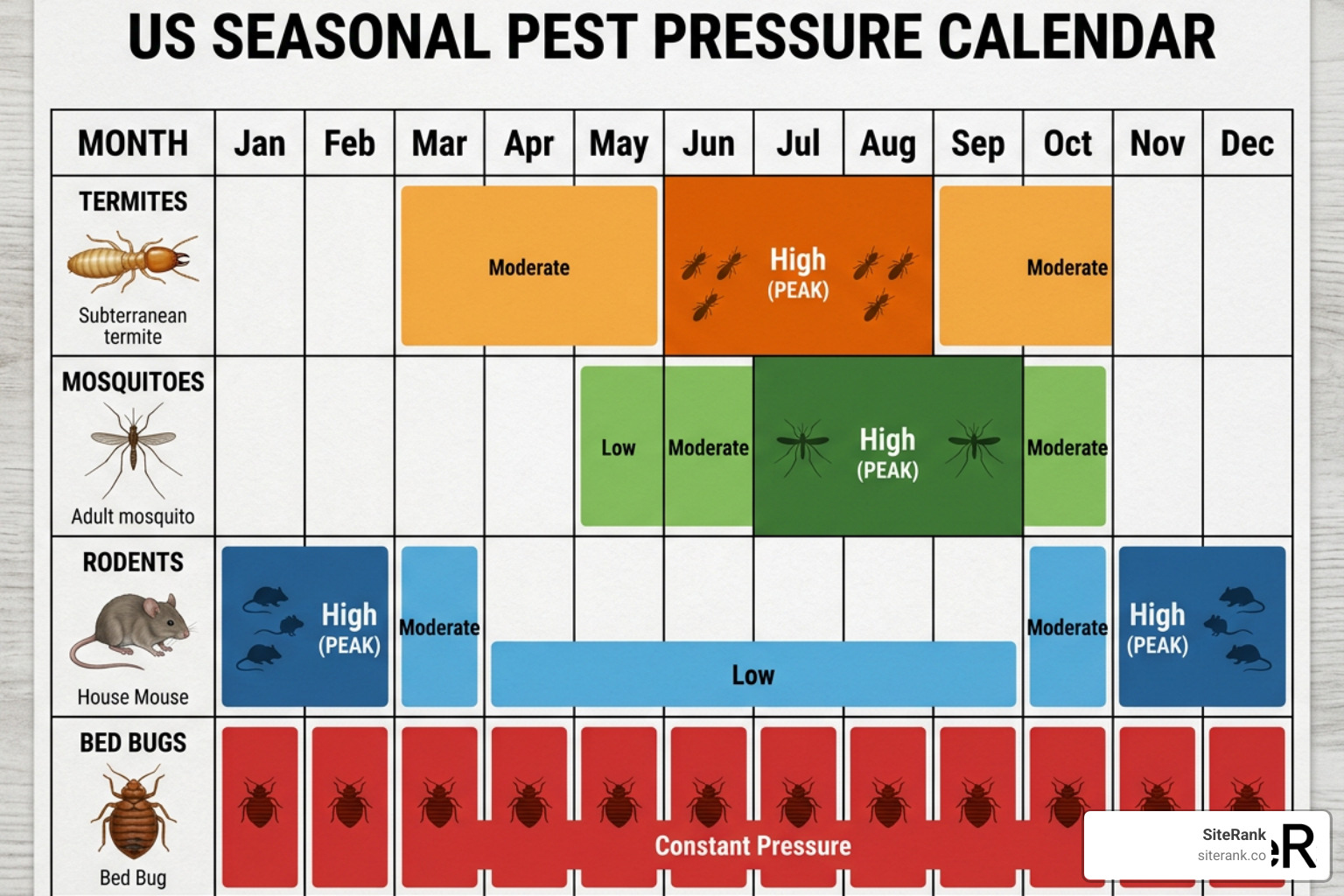 seasonal pests calendar showing peak pressure periods for termites, mosquitoes, rodents, and bed bugs seasonal pests calendar showing peak pressure periods for termites, mosquitoes, rodents, and bed bugs