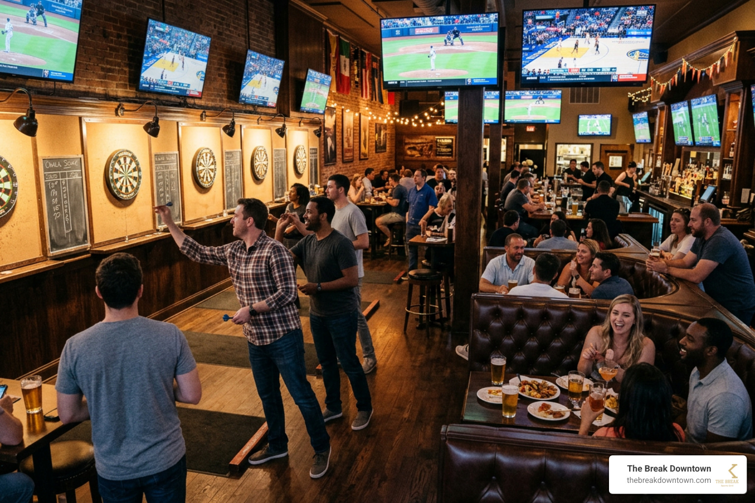 A lively sports bar featuring multiple dedicated dart lanes, comfortable leather booths, and overhead TV screens showing A lively sports bar featuring multiple dedicated dart lanes, comfortable leather booths, and overhead TV screens showing