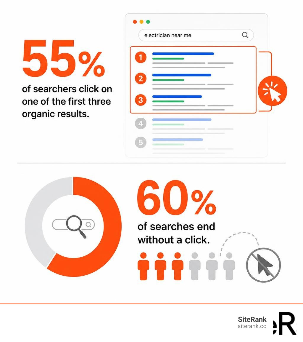 Statistical graphic showing that 55% of searchers click on one of the first three organic results and nearly 60% of searches Statistical graphic showing that 55% of searchers click on one of the first three organic results and nearly 60% of searches