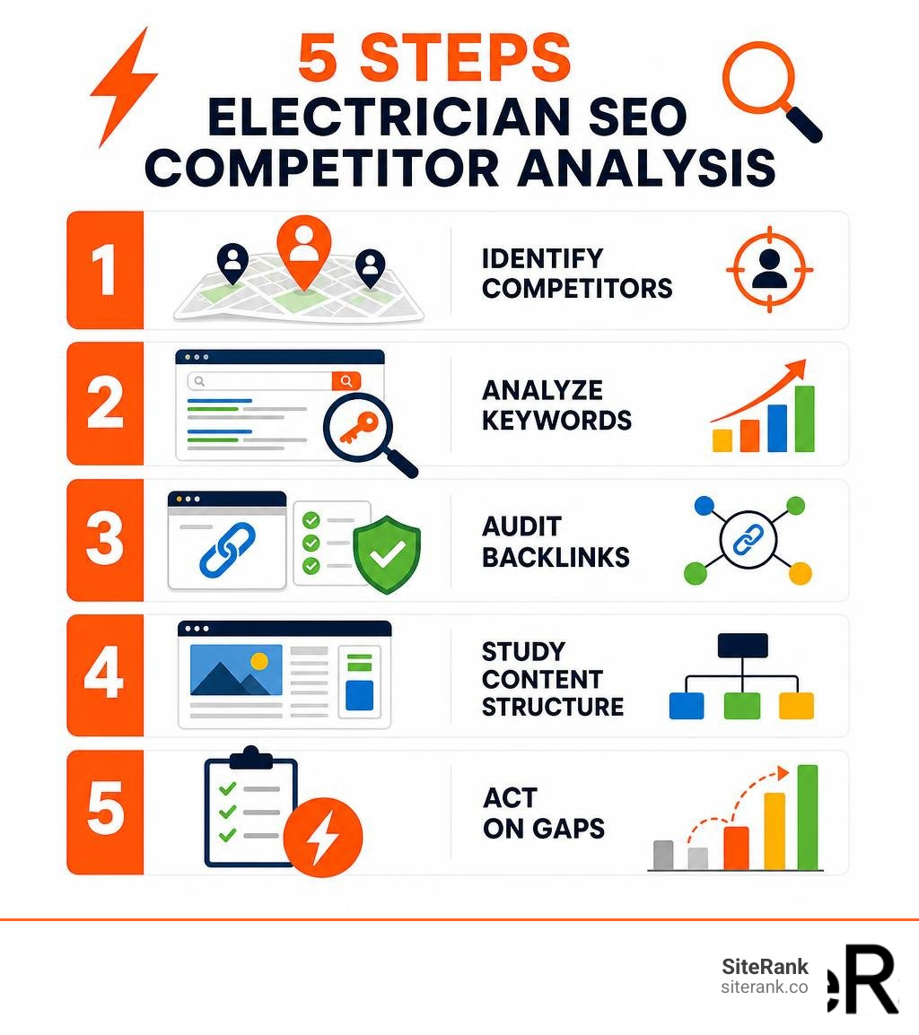 Infographic showing the 5 steps of electrician SEO competitor analysis: identify competitors, analyze keywords, audit Infographic showing the 5 steps of electrician SEO competitor analysis: identify competitors, analyze keywords, audit