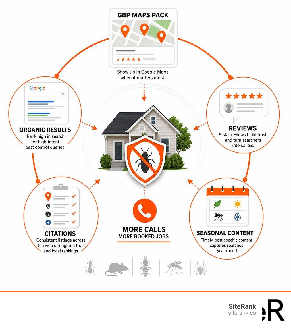 infographic showing local search ecosystem for pest control: GBP maps pack, organic results, reviews, citations, and infographic showing local search ecosystem for pest control: GBP maps pack, organic results, reviews, citations, and