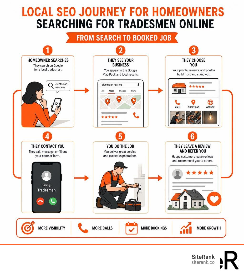 local SEO journey for homeowners searching for tradesmen online — from search to booked job infographic local SEO journey for homeowners searching for tradesmen online — from search to booked job infographic