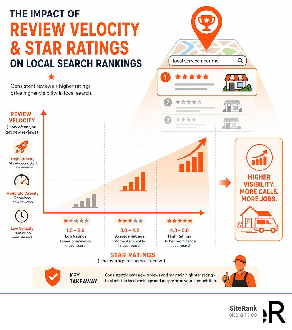 Chart showing the impact of review velocity and star ratings on local search rankings infographic Chart showing the impact of review velocity and star ratings on local search rankings infographic