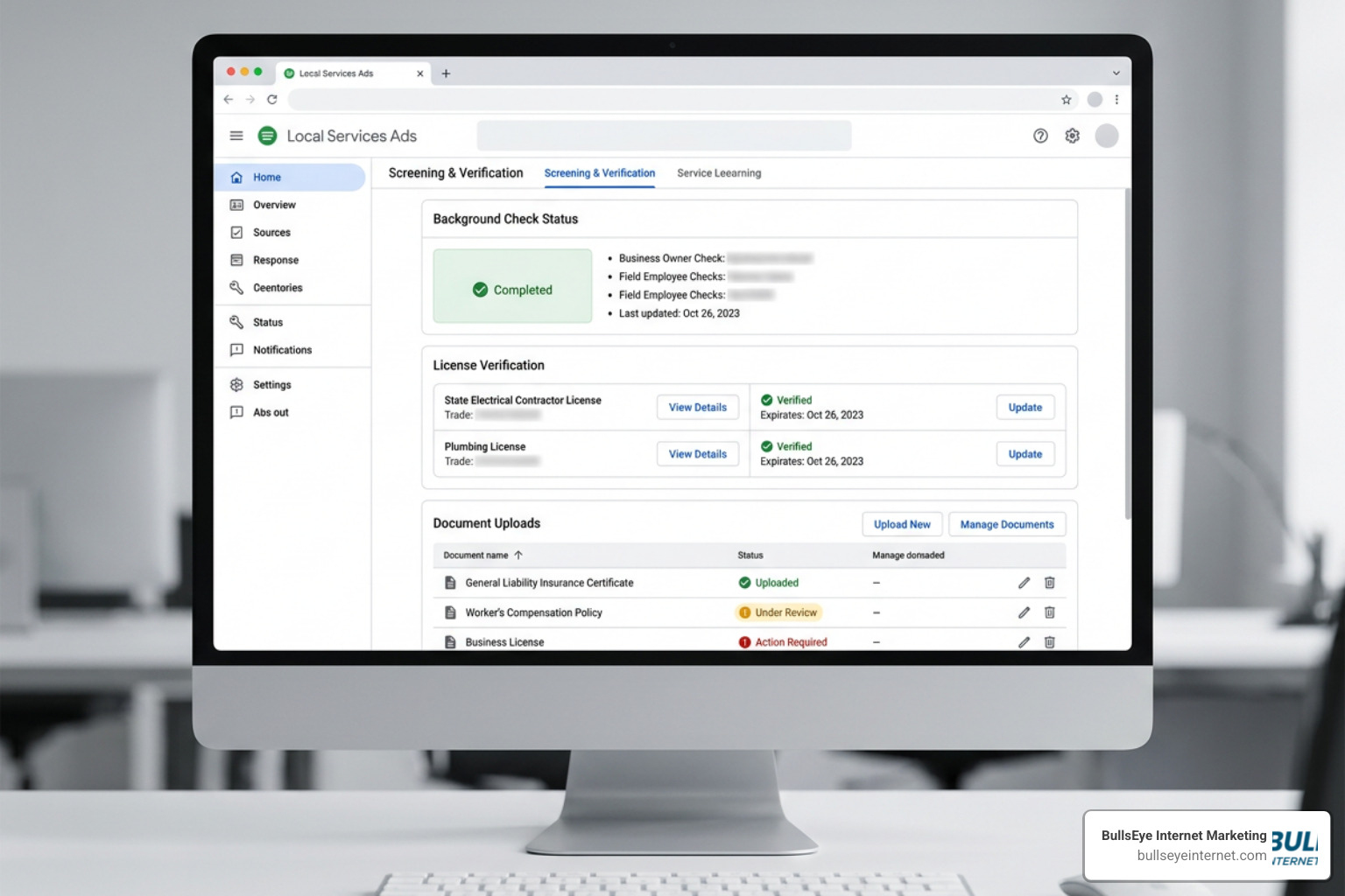 Google LSA dashboard screening tab showing background check and document verification status Google LSA dashboard screening tab showing background check and document verification status