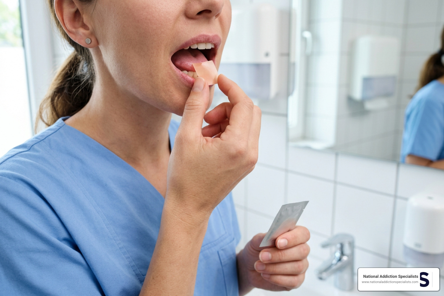 Proper sublingual placement of buprenorphine/naloxone film Proper sublingual placement of buprenorphine/naloxone film