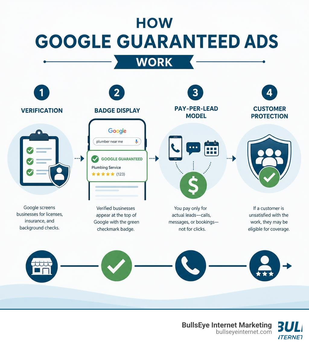 Infographic showing how Google Guaranteed ads work: verification, badge display, pay-per-lead model, and customer protection Infographic showing how Google Guaranteed ads work: verification, badge display, pay-per-lead model, and customer protection