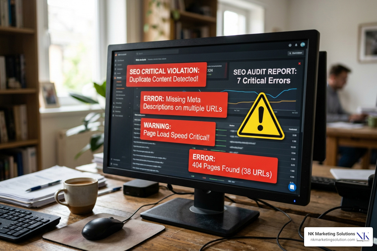 Warning sign on a computer screen displaying search engine optimization errors