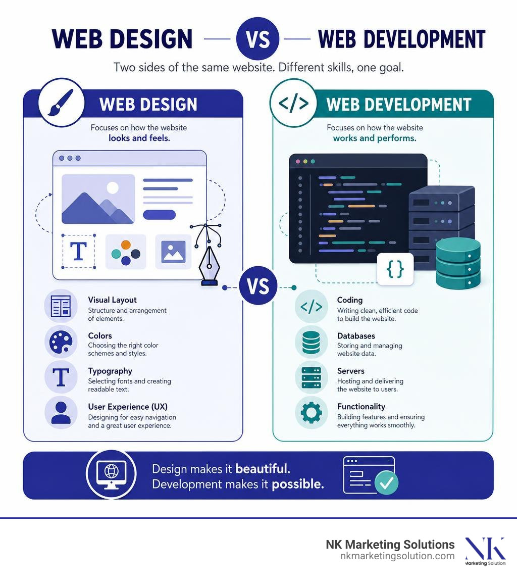 Infographic showing the difference between web design and web development: design covers visual layout, colors, typography Infographic showing the difference between web design and web development: design covers visual layout, colors, typography