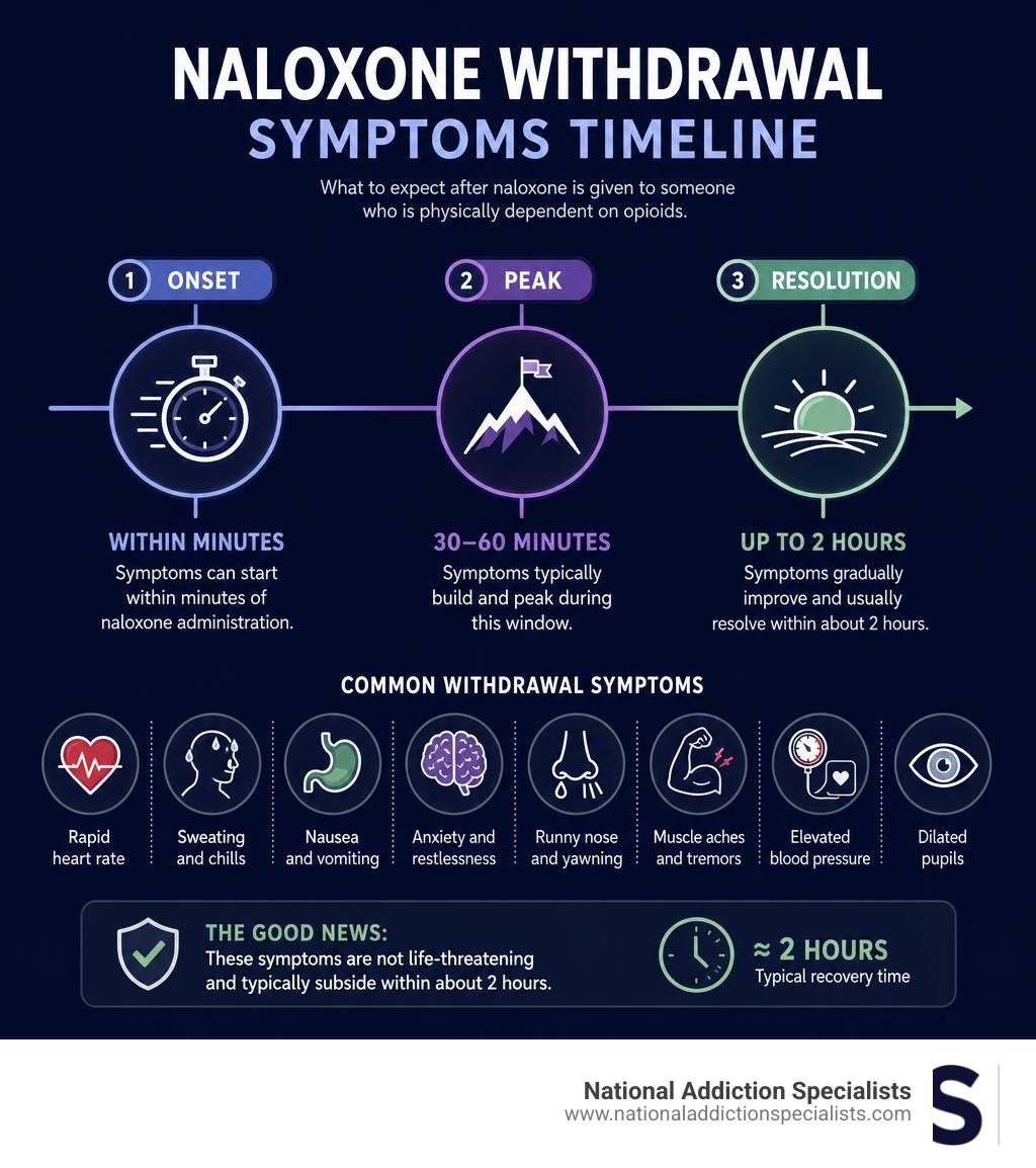 infographic showing naloxone withdrawal symptoms timeline onset peak and resolution infographic