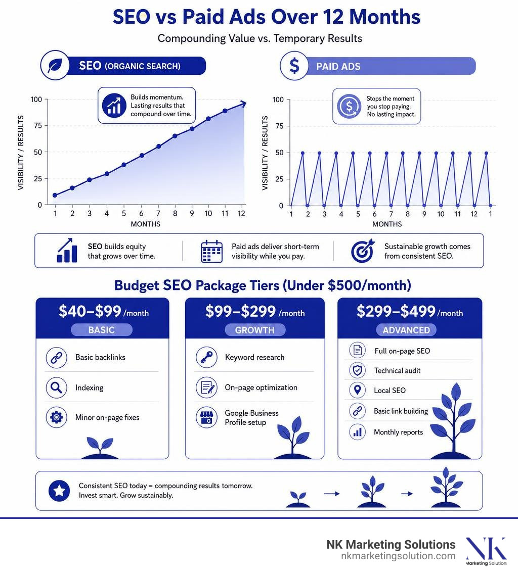 Infographic showing compounding value of SEO vs paid ads over 12 months with budget package price tiers infographic