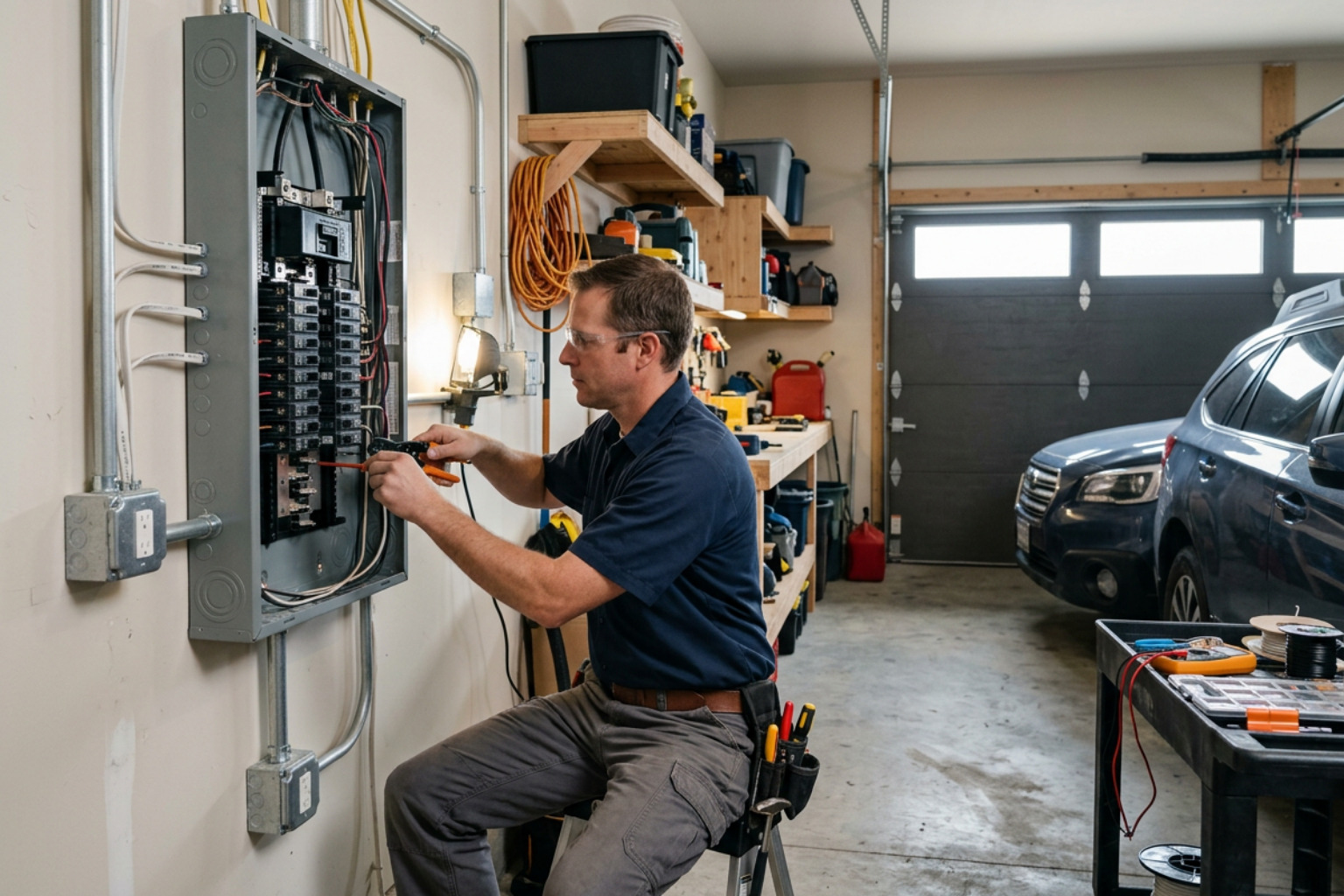 Professional electrician installing a new breaker panel in a modern American garage Professional electrician installing a new breaker panel in a modern American garage