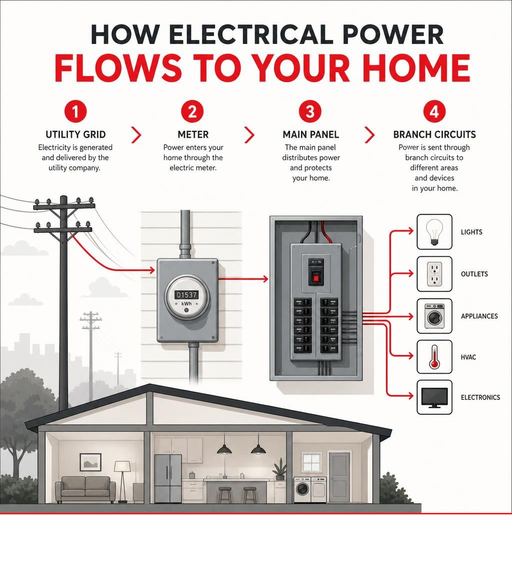 Infographic showing power flow from utility grid through meter, main panel, and branch circuits to home infographic Infographic showing power flow from utility grid through meter, main panel, and branch circuits to home infographic