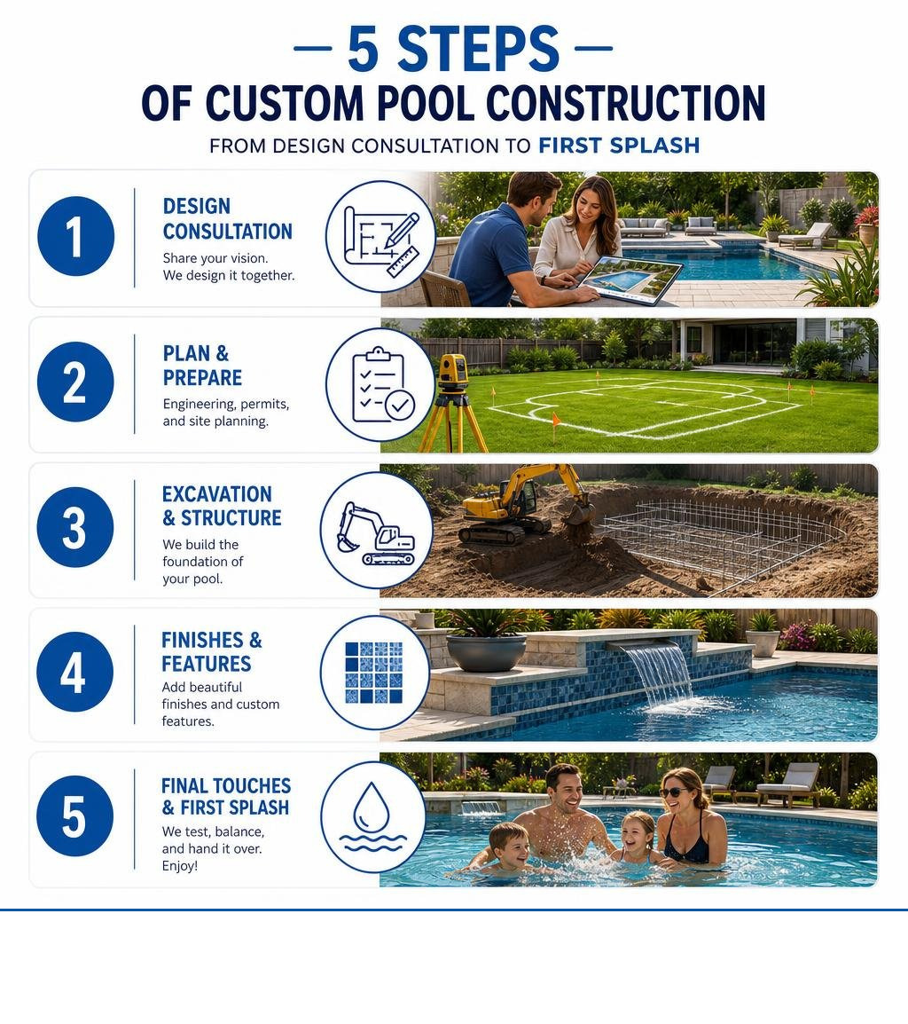 5 steps of custom pool construction from design consultation to first splash infographic infographic 5 steps of custom pool construction from design consultation to first splash infographic infographic