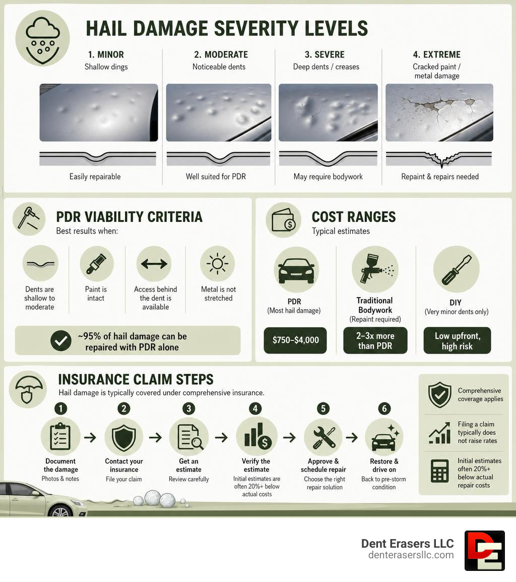 Infographic showing hail damage severity levels, PDR viability criteria, cost ranges, and insurance claim steps infographic Infographic Showing Hail Damage Severity Levels, Pdr Viability Criteria, Cost Ranges, And Insurance Claim Steps Infographic