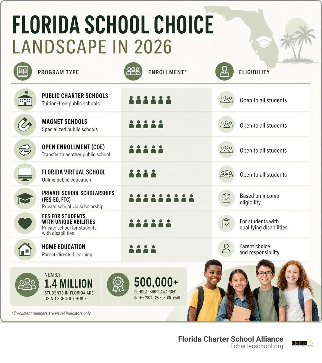 Infographic showing Florida school choice landscape in 2026 with program types enrollment numbers and eligibility infographic
