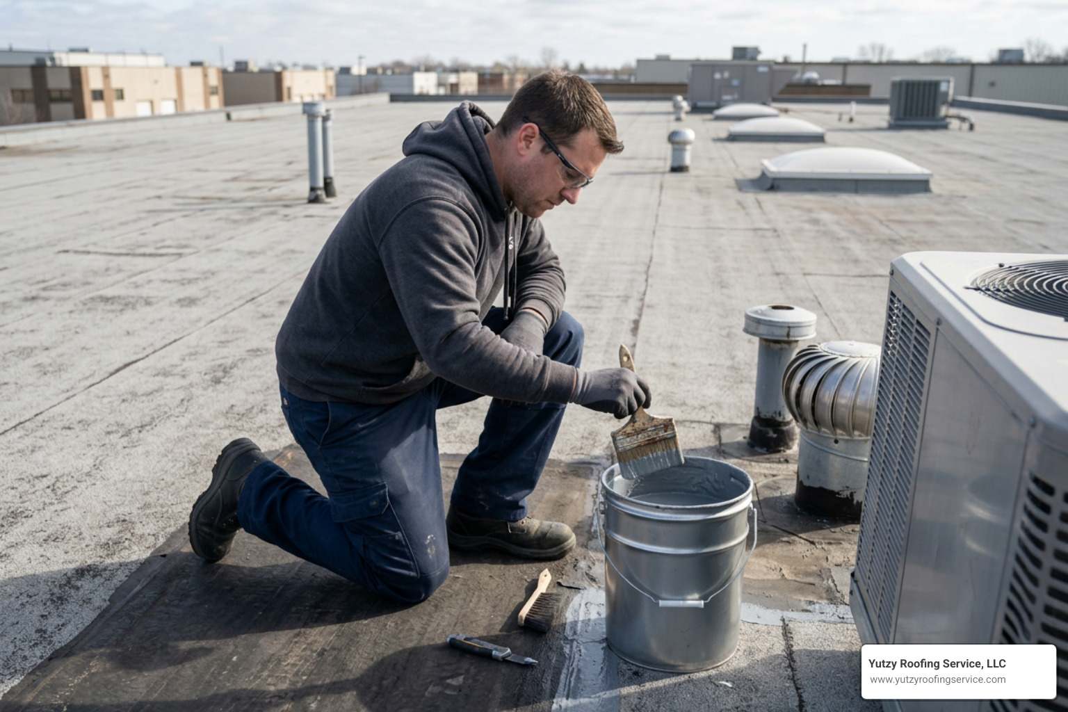 technician applying emergency roof seal to a commercial flat roof technician applying emergency roof seal to a commercial flat roof