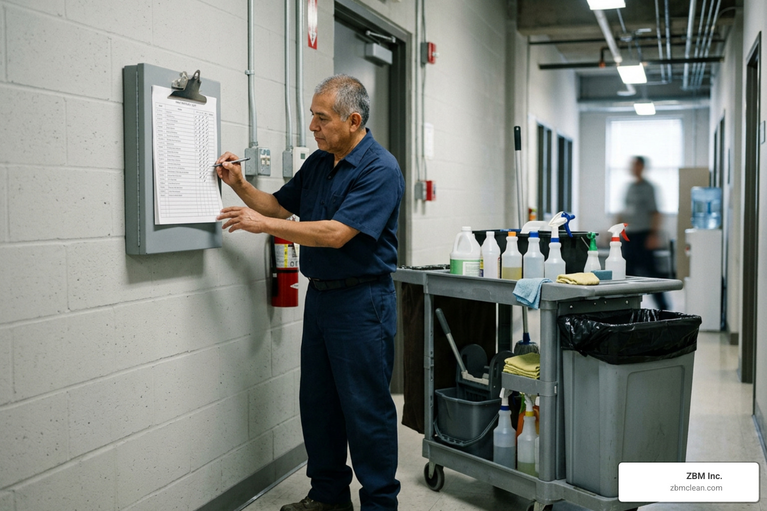janitor checking off a maintenance log in a commercial facility janitor checking off a maintenance log in a commercial facility