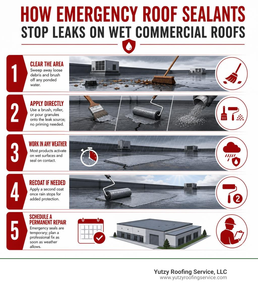 Infographic showing how emergency roof sealants stop leaks on wet commercial roofs step by step infographic Infographic showing how emergency roof sealants stop leaks on wet commercial roofs step by step infographic