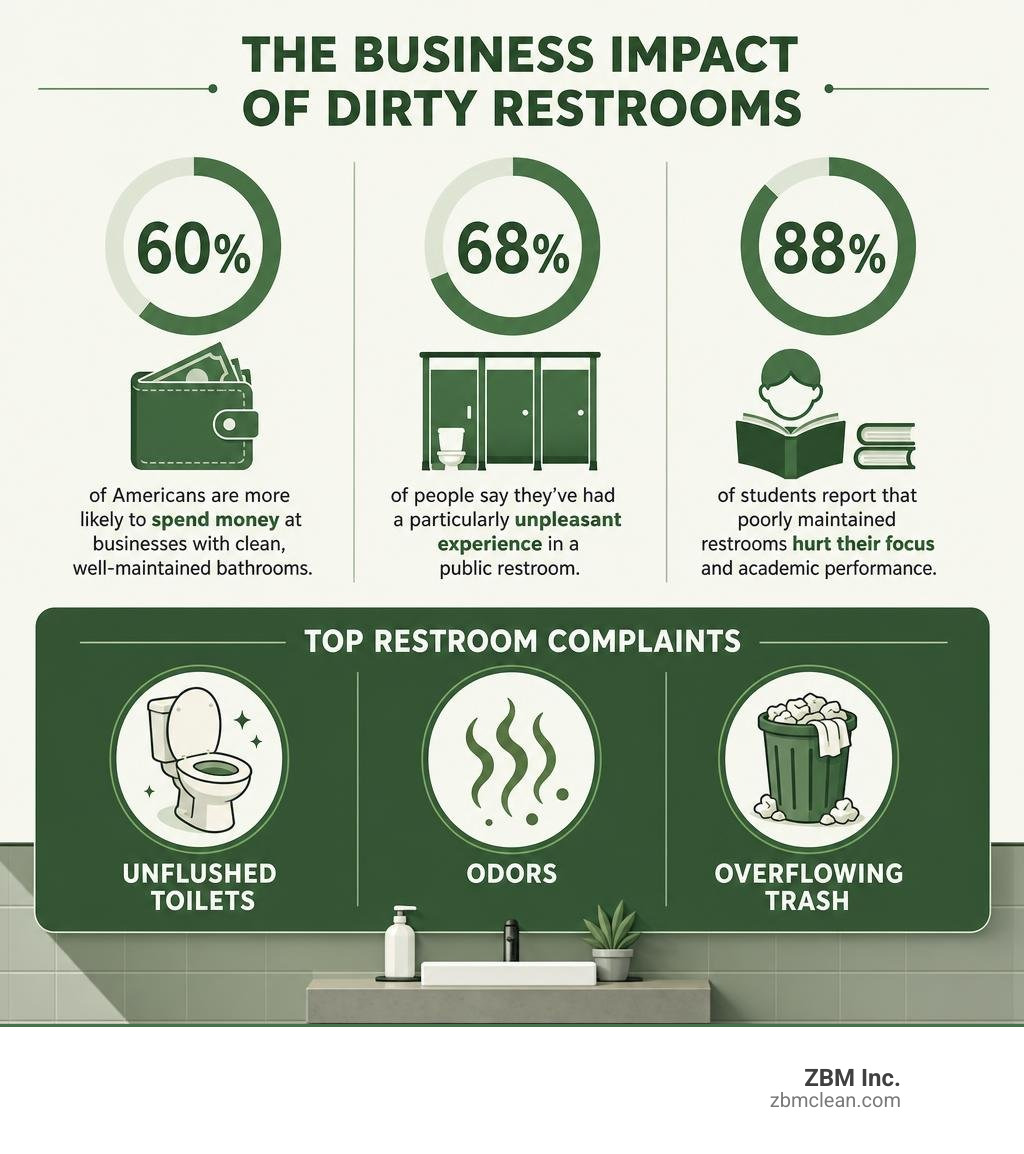 Infographic showing business impact of dirty restrooms: 60% spending more at clean facilities, 68% bad restroom experiences Infographic showing business impact of dirty restrooms: 60% spending more at clean facilities, 68% bad restroom experiences