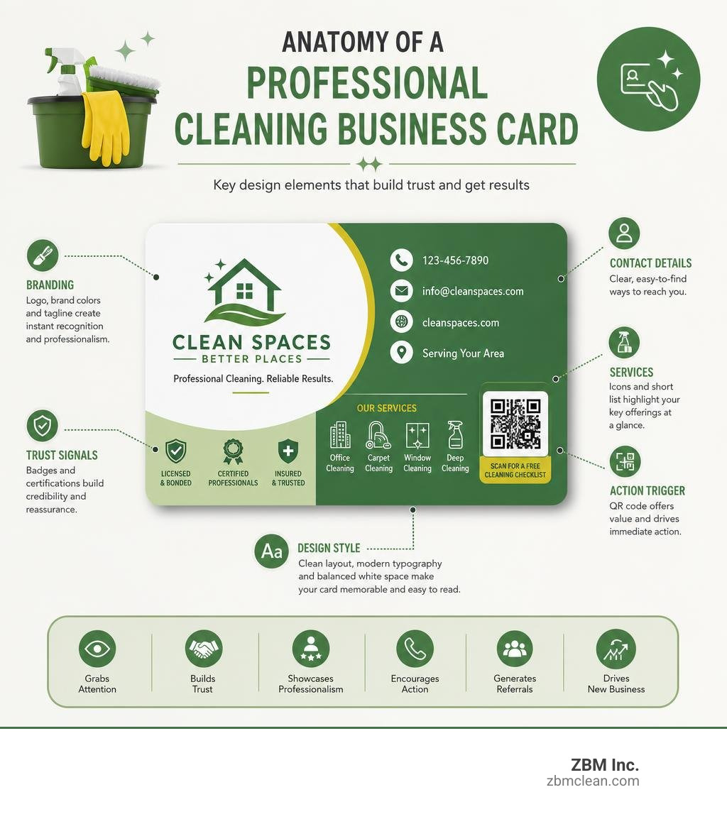 Anatomy of a professional cleaning business card with key design elements labeled infographic Anatomy of a professional cleaning business card with key design elements labeled infographic