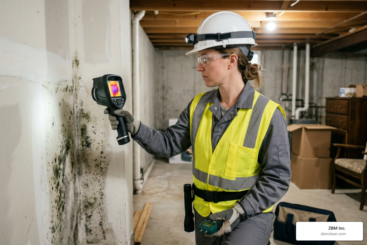 Certified technician inspecting mold with thermal imaging camera