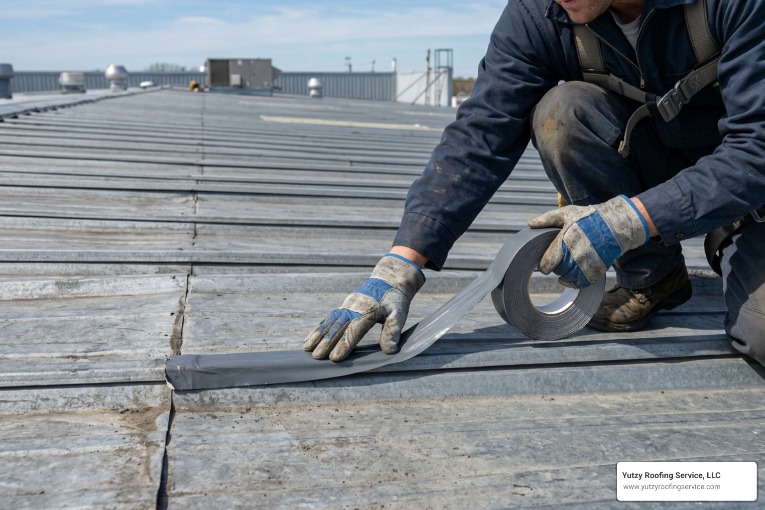 butyl tape applied to a commercial metal roof lap joint butyl tape applied to a commercial metal roof lap joint