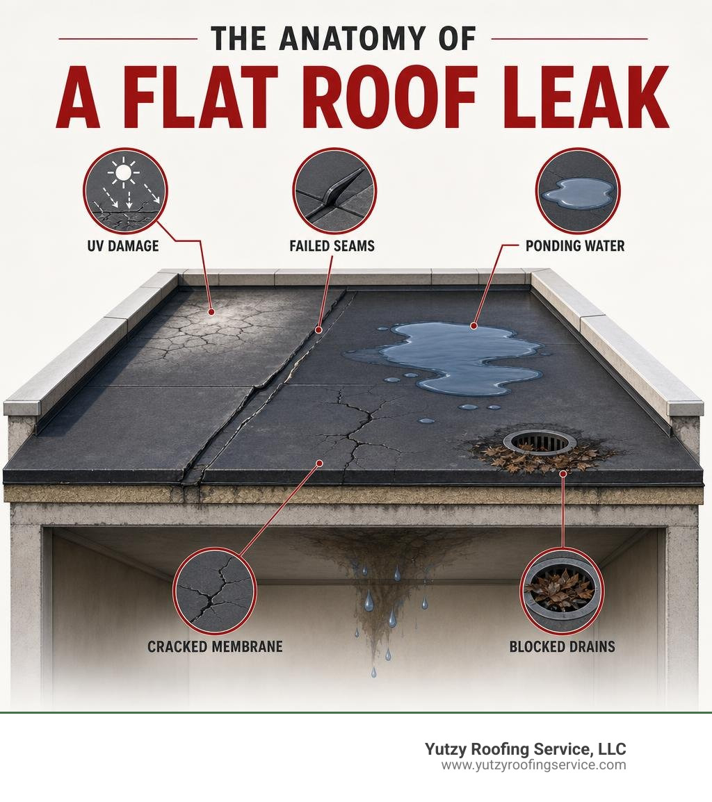 Infographic showing anatomy of a flat roof leak: UV damage, failed seams, ponding water, cracked membrane, blocked drains Infographic showing anatomy of a flat roof leak: UV damage, failed seams, ponding water, cracked membrane, blocked drains