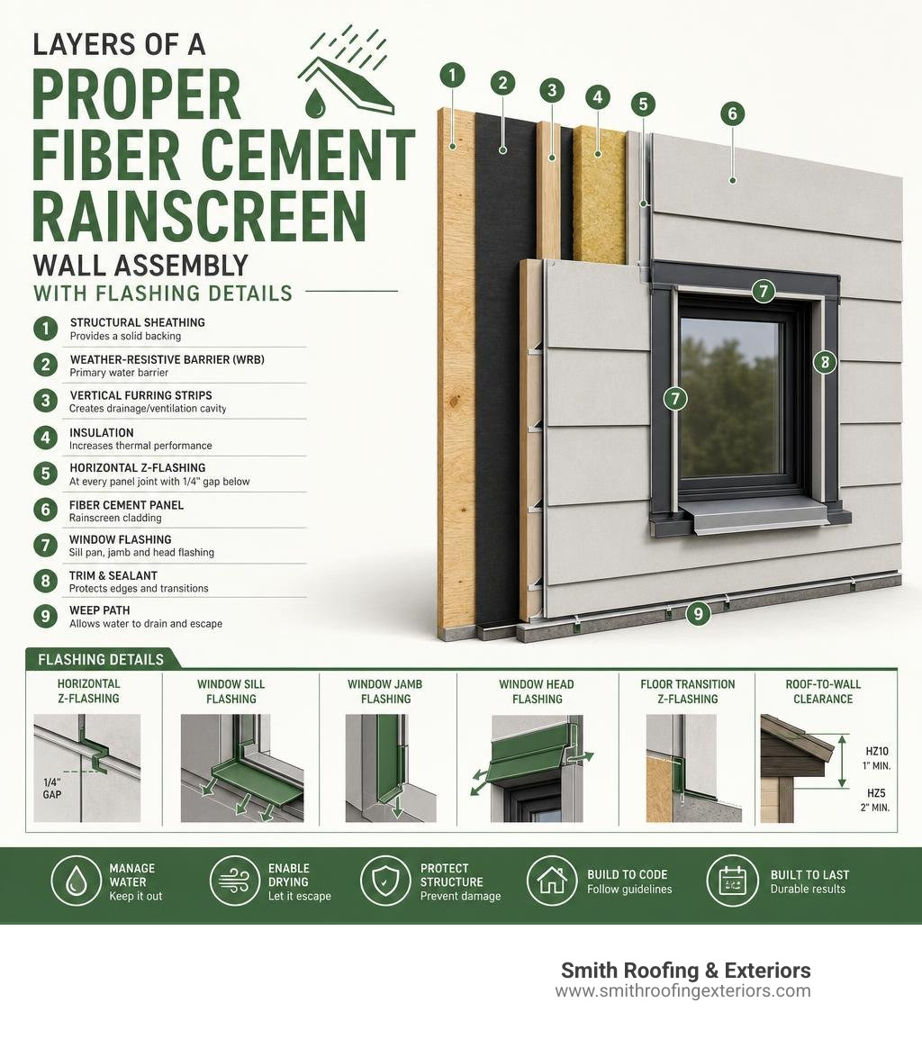 Layers of a proper fiber cement rainscreen wall assembly with flashing details infographic Layers of a proper fiber cement rainscreen wall assembly with flashing details infographic