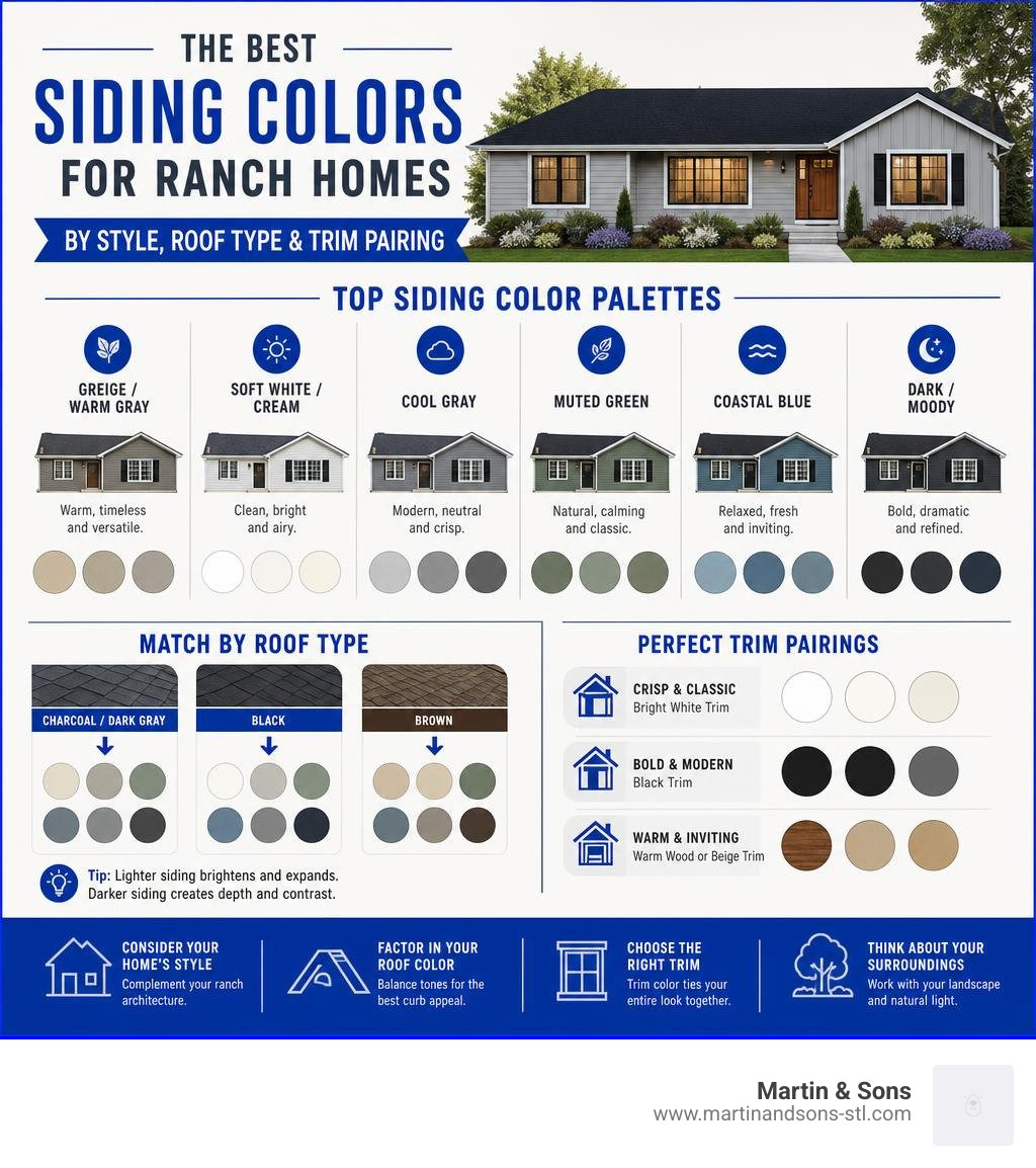 Infographic showing best siding colors for ranch homes by style, roof type, and trim pairing infographic Infographic showing best siding colors for ranch homes by style, roof type, and trim pairing infographic