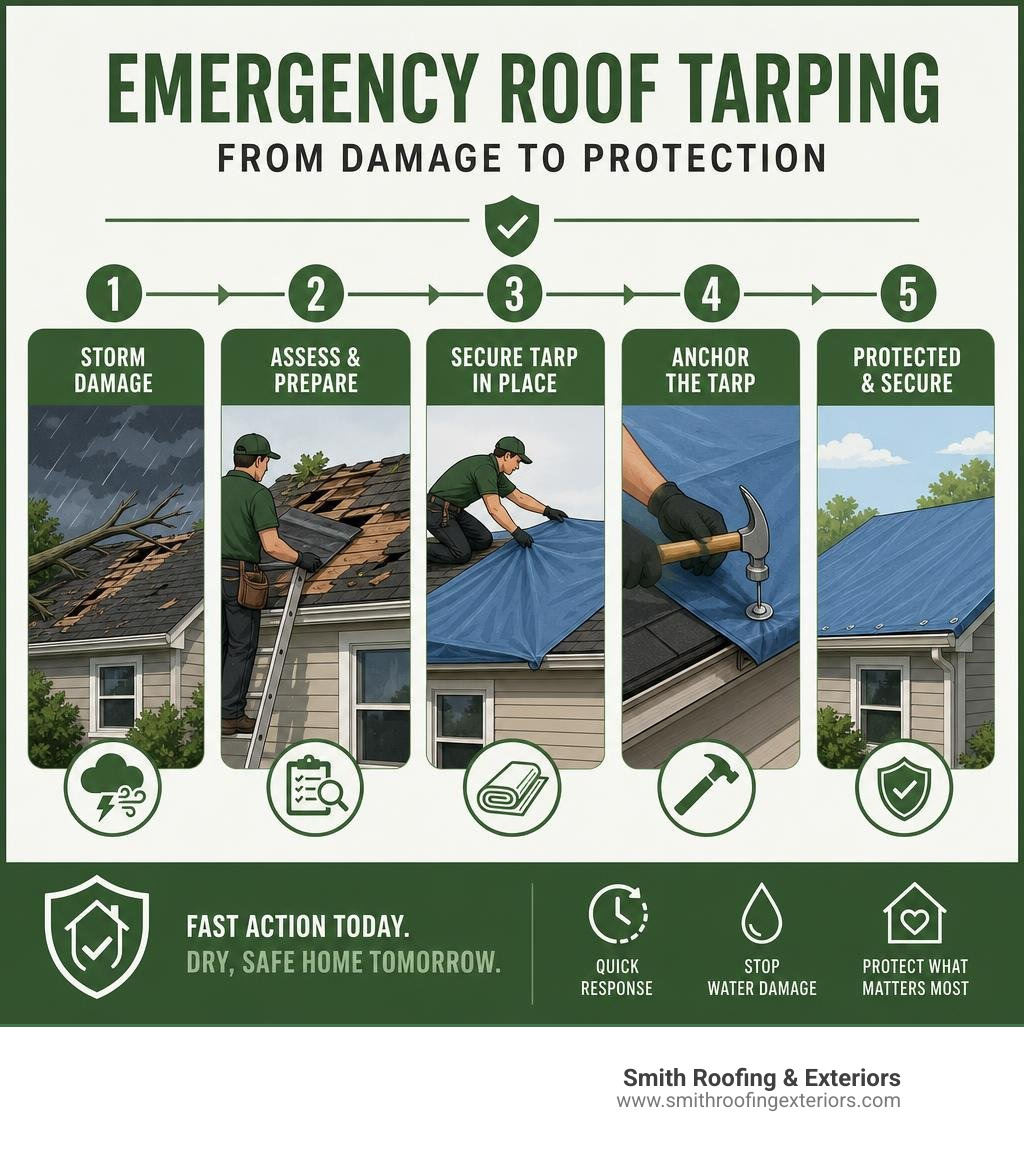 Emergency roof tarping process steps from damage to tarp installation infographic Emergency roof tarping process steps from damage to tarp installation infographic