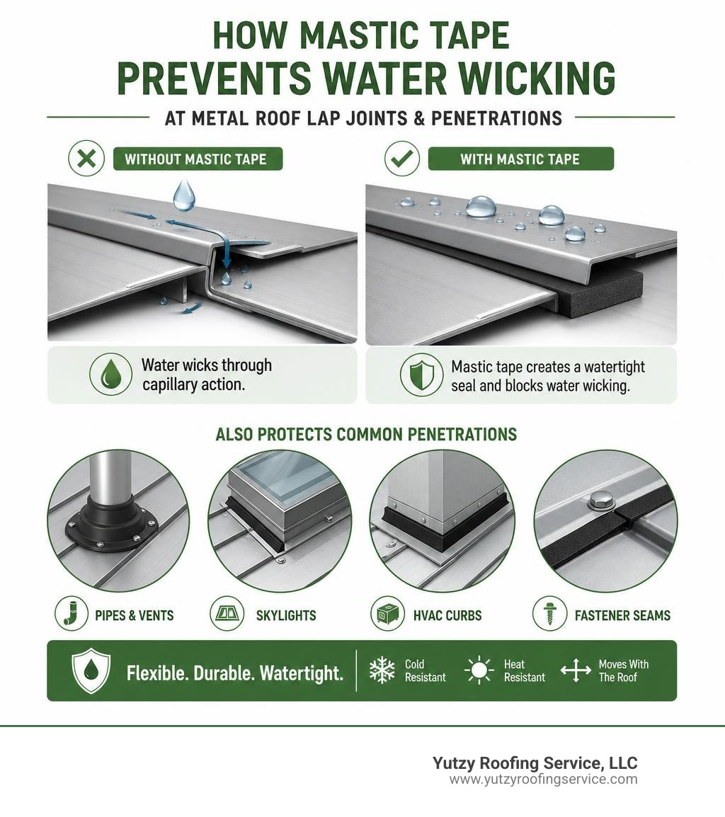 Infographic showing how mastic tape prevents water wicking at metal roof lap joints and penetrations infographic Infographic showing how mastic tape prevents water wicking at metal roof lap joints and penetrations infographic