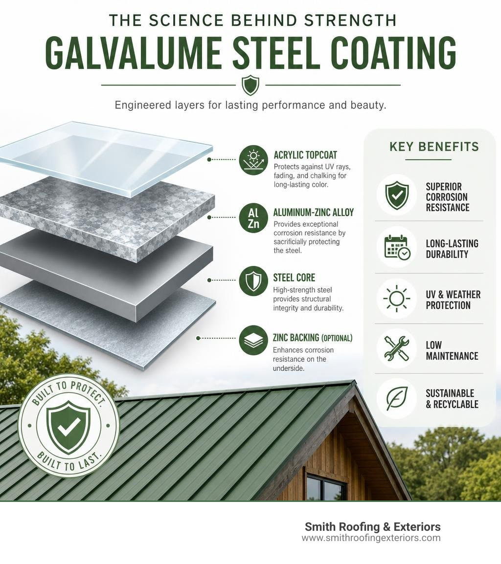 Infographic showing layers of Galvalume steel coating: steel core, aluminum-zinc alloy, acrylic topcoat, and key benefits Infographic showing layers of Galvalume steel coating: steel core, aluminum-zinc alloy, acrylic topcoat, and key benefits