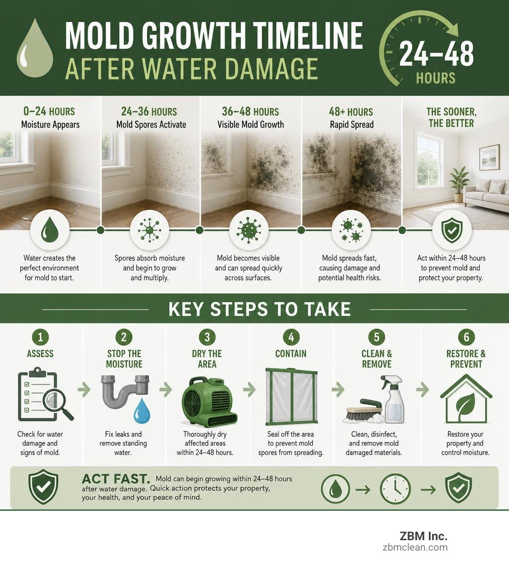 Infographic showing the 24-48 hour mold growth timeline after water damage and key steps to take infographic