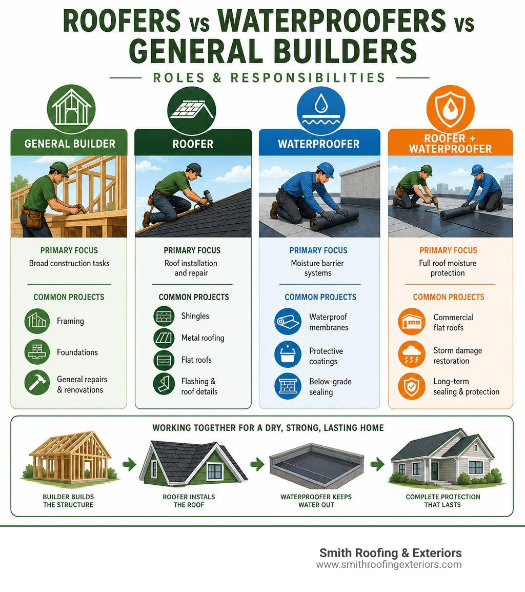 Roofers vs waterproofers vs general builders roles and responsibilities infographic infographic Roofers vs waterproofers vs general builders roles and responsibilities infographic infographic