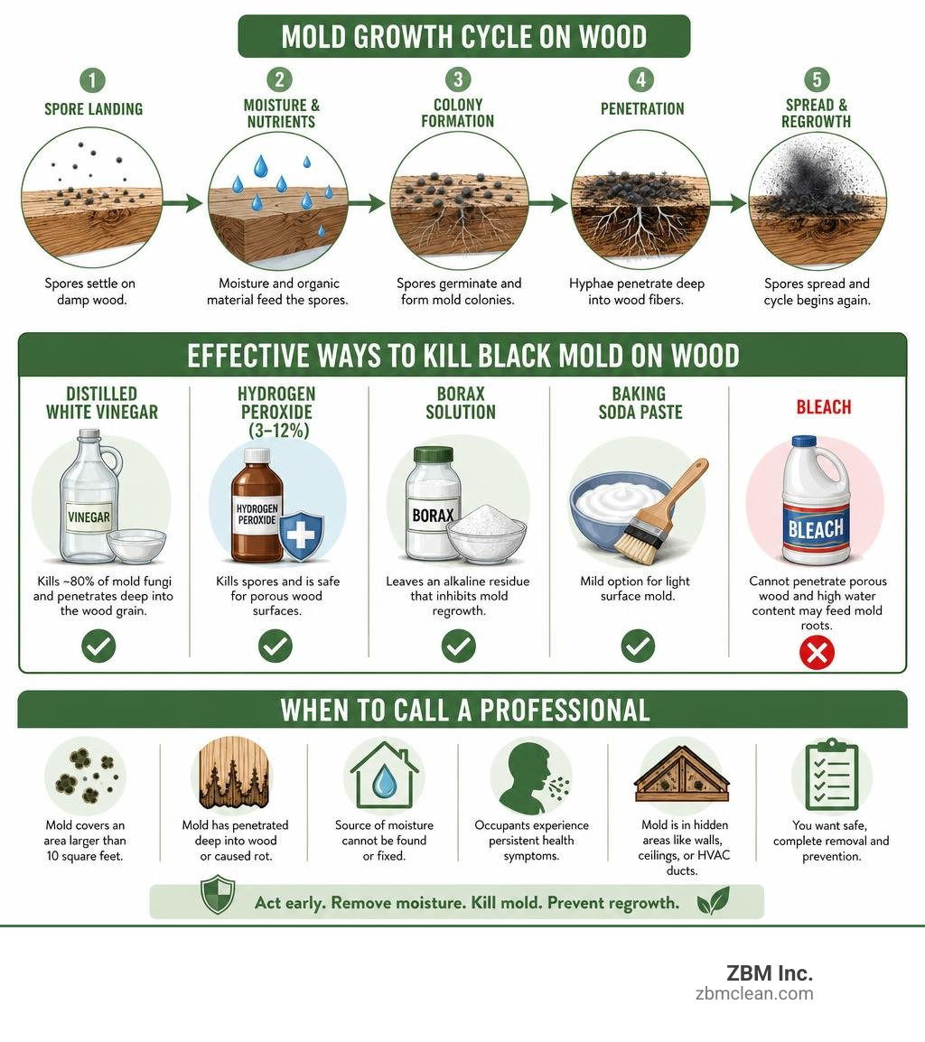 Infographic showing mold growth cycle on wood, effective killers, and when to call a pro infographic Infographic showing mold growth cycle on wood, effective killers, and when to call a pro infographic