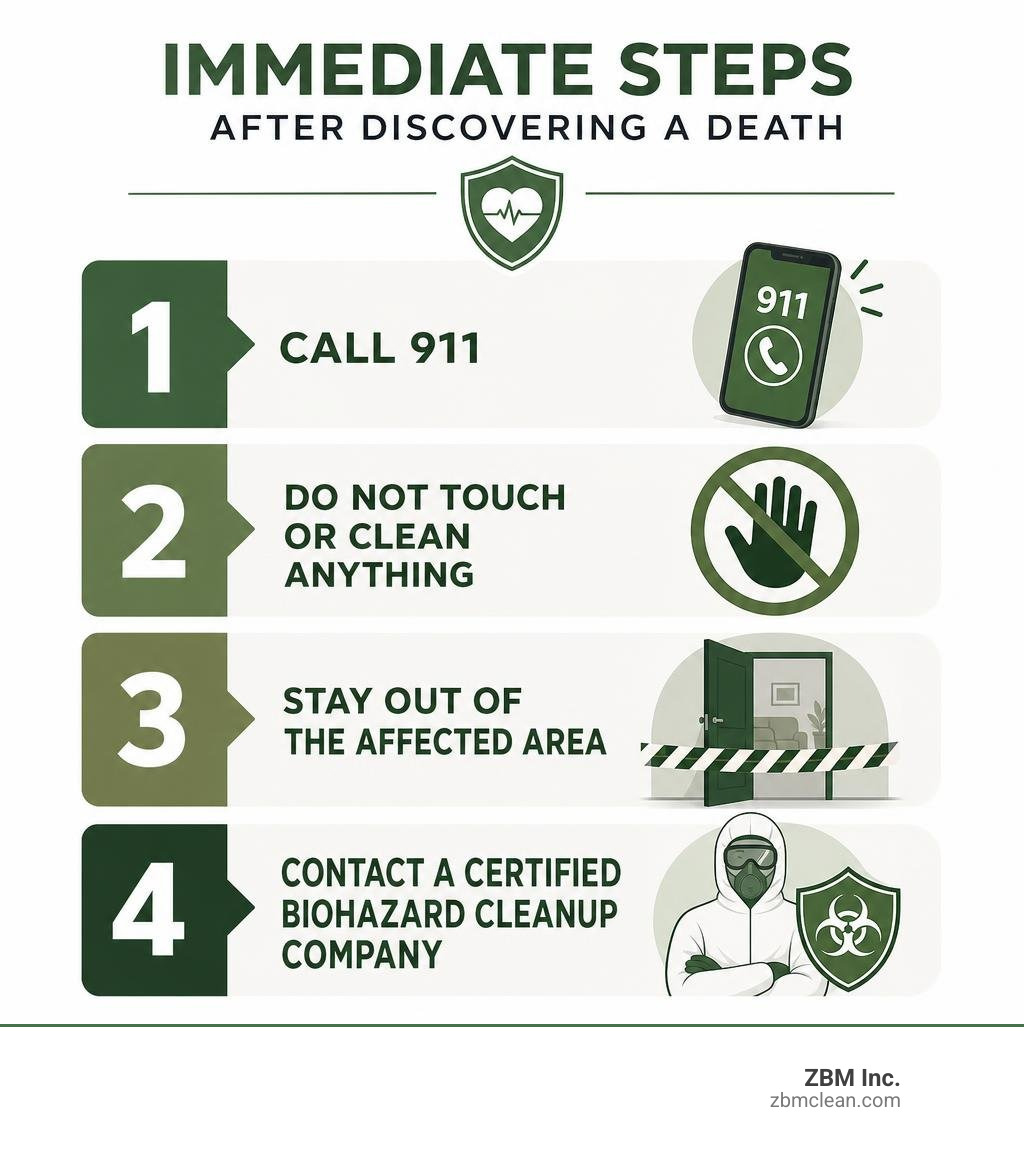 Infographic showing immediate steps after discovering a death: 1. Call 911, 2. Do not touch or clean anything, 3. Stay out