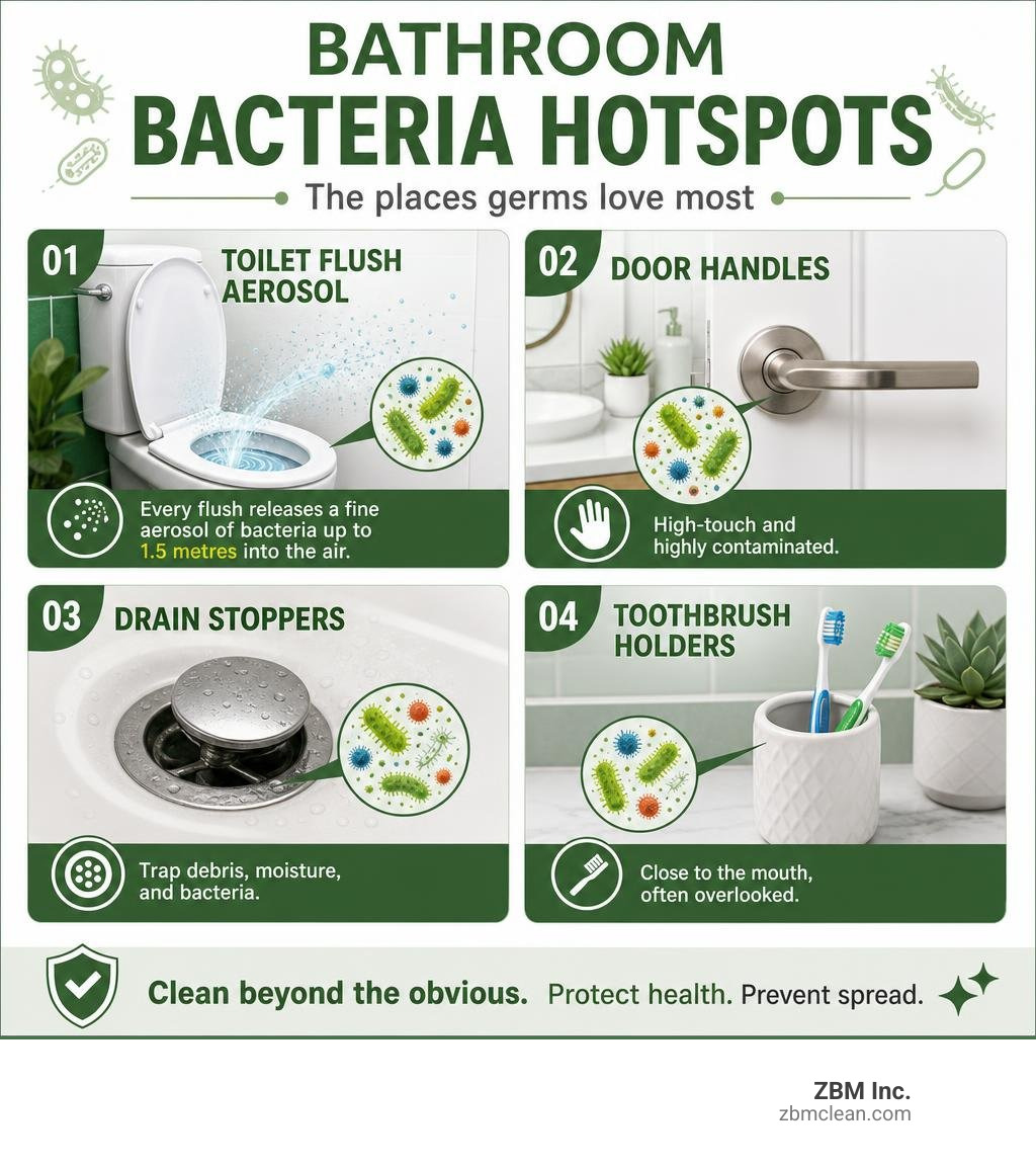 Bathroom bacteria hotspots infographic: toilet flush aerosol, door handles, drain stoppers, toothbrush holders infographic
