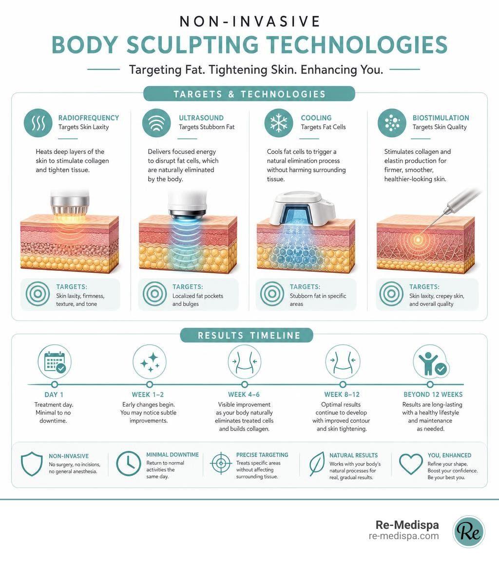 Overview infographic of non-invasive body sculpting technologies targeting fat and skin laxity with results timeline Overview infographic of non-invasive body sculpting technologies targeting fat and skin laxity with results timeline