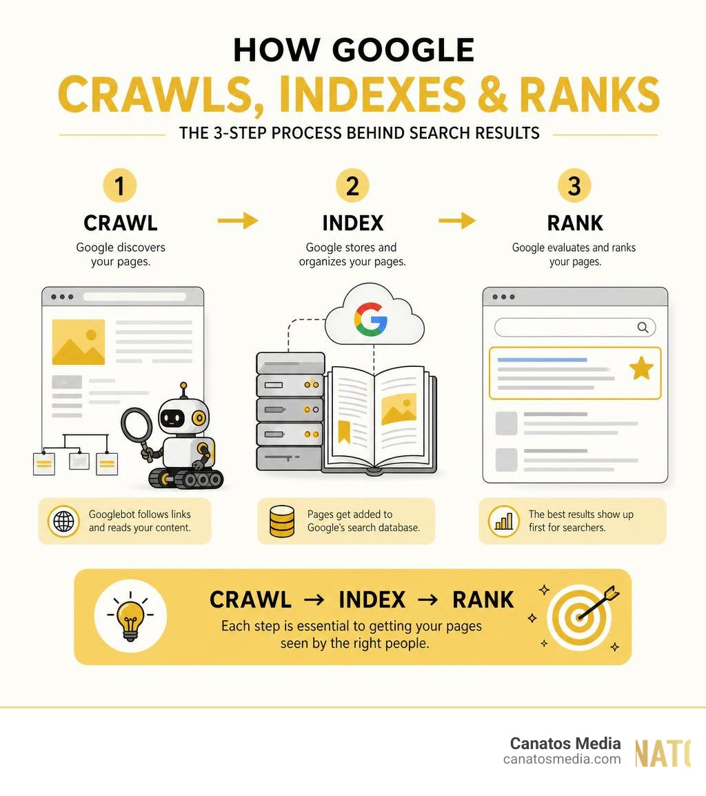 Infographic showing how Google crawling, indexing, and ranking work step by step in SEO infographic