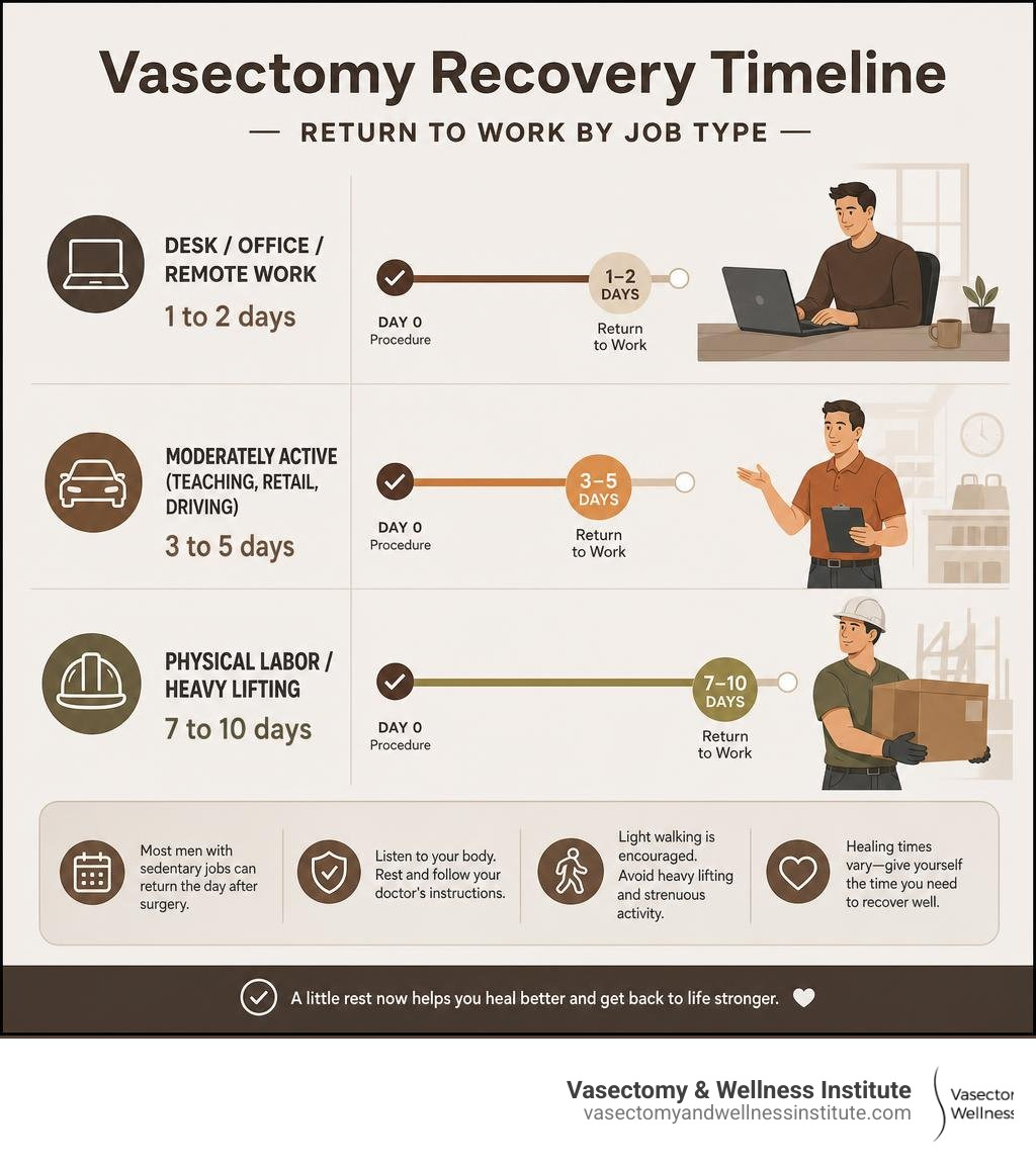 Vasectomy recovery timeline infographic showing return to work by job type infographic